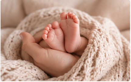 Newborn baby feet held in a mother's hand